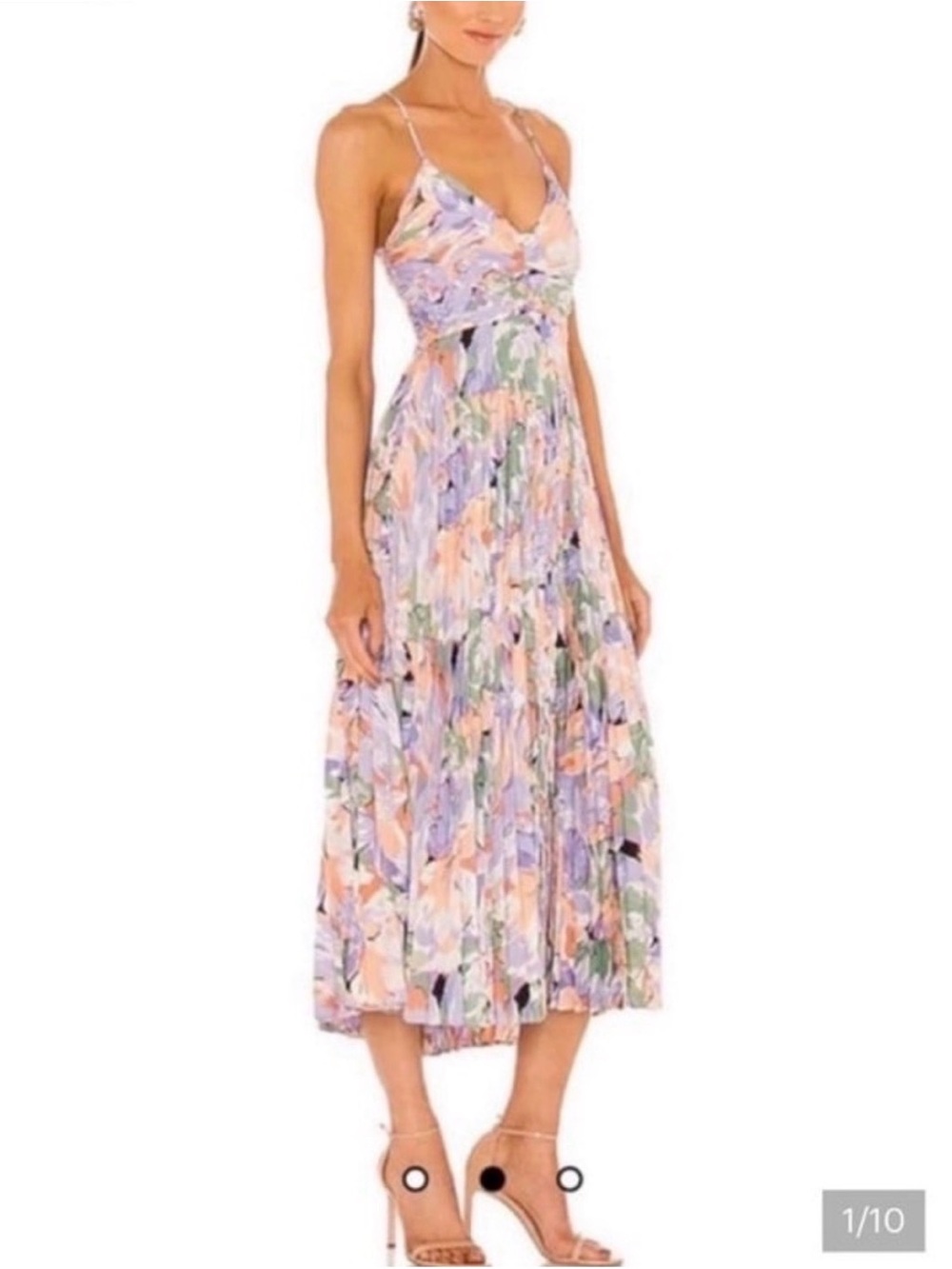 ASTR The Label Gorgeous Peach/Lilac Blythe Floral Plisse' Midi Dress, XS, EUC